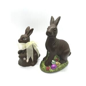 Chocolate Faux Easter Bunny Rabbits Resin Figures Spring Yellow Bow 2 Pair